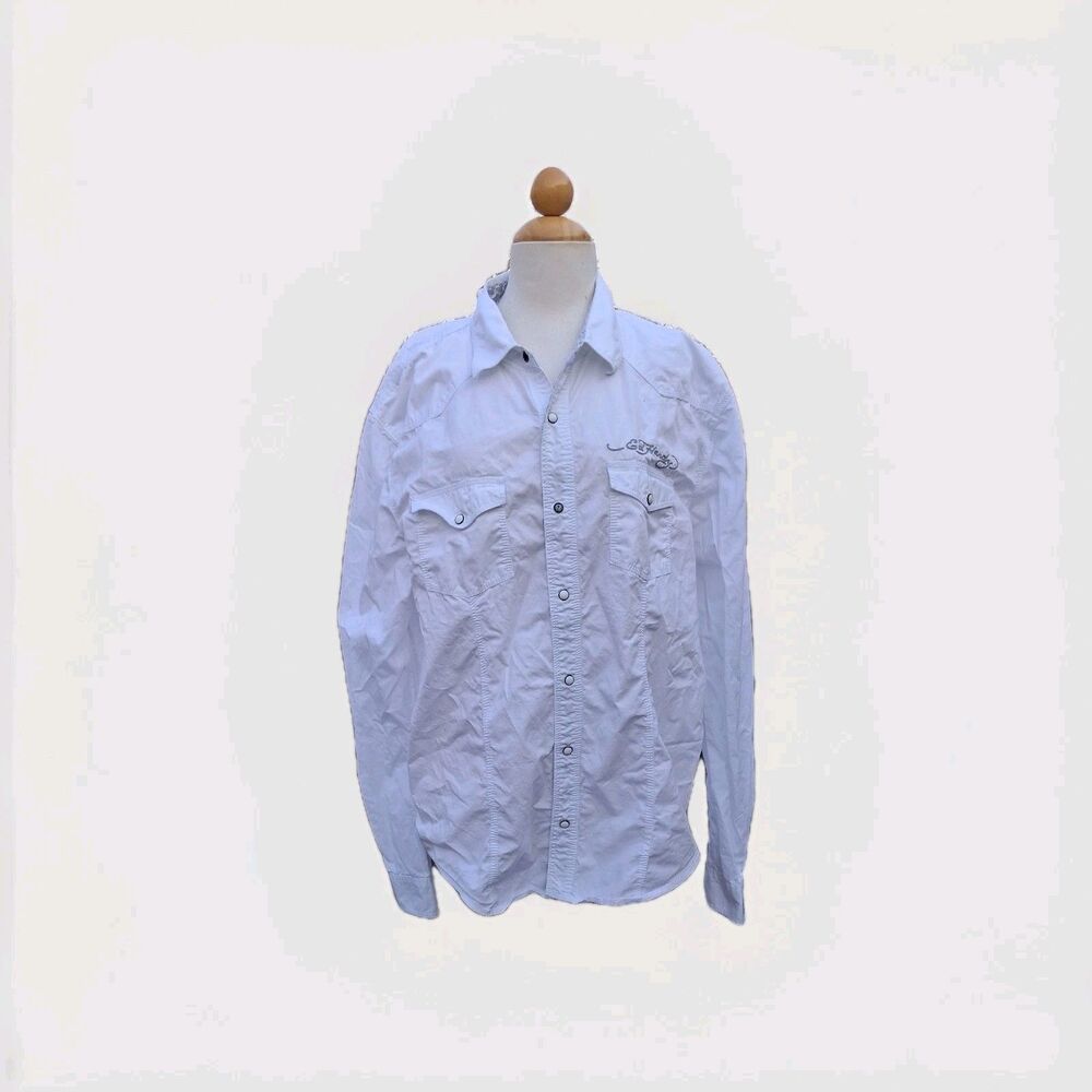 Ed Hardy White Cotton Western Shirt Men's Size XL Snap Closure Embroidery Logo